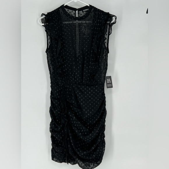 EXPRESS BLACK DRESSW/SHIMMERY POLKA DOT, RUFFLES DOWN BODICE AND SLEEVES W/RUCH‎ - Picture 1 of 9